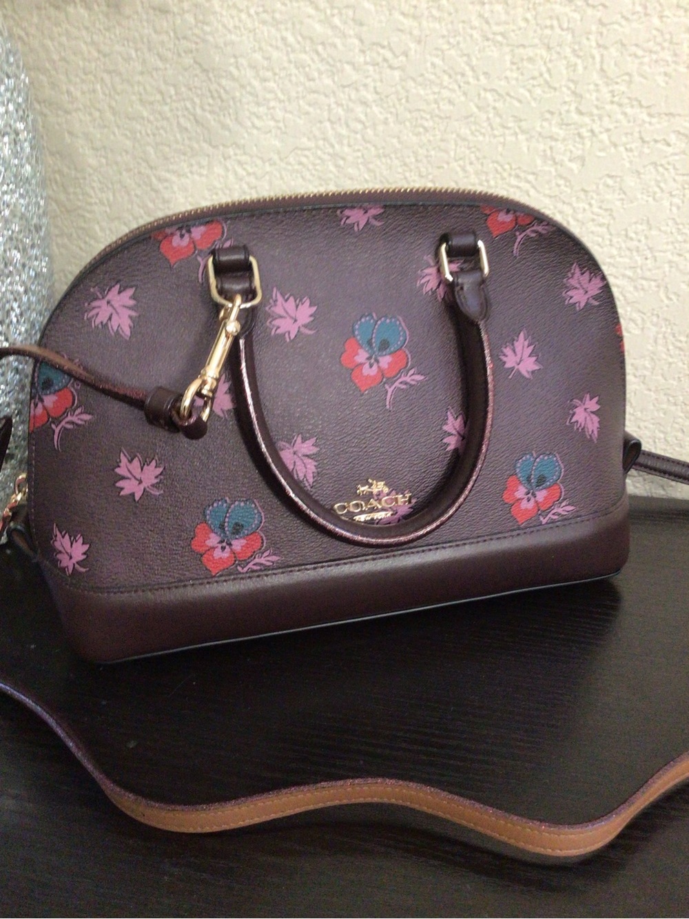 Coach Mini Brown Floral Dome Crossbody Satchel with Pink and Red Accents